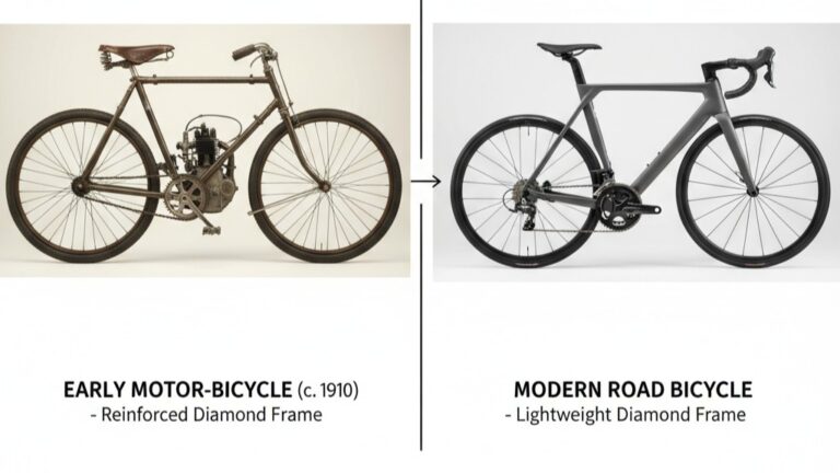 Comparison of early 1910 motor-bicycle and modern road bicycle, showcasing evolution in frame design and technology.