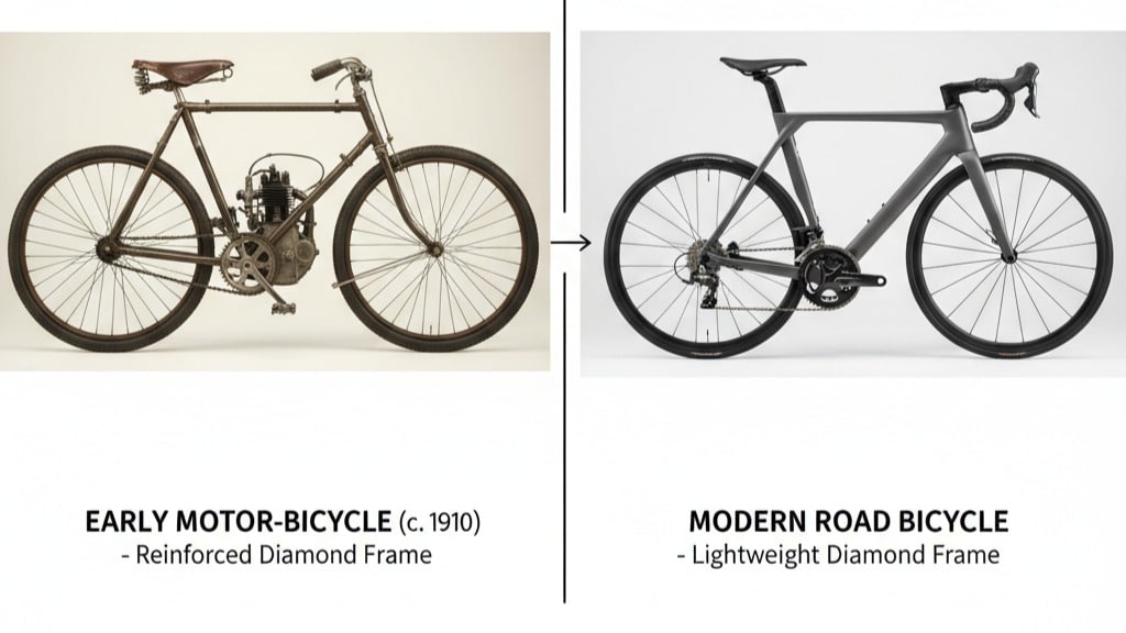 Comparison of early 1910 motor-bicycle and modern road bicycle, showcasing evolution in frame design and technology.