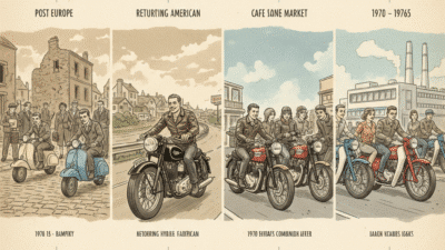 Illustrated timeline of motorcycle culture from post-WWII Europe to 1970s styles, featuring scooters and classic bikes.