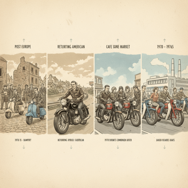 Illustrated timeline of motorcycle culture from post-WWII Europe to 1970s styles, featuring scooters and classic bikes.