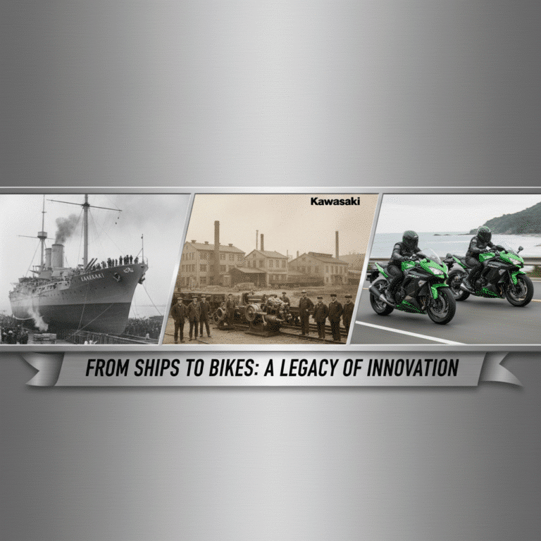 Kawasaki's evolution: from historic ships and factories to modern motorcycles, showcasing innovation and legacy.