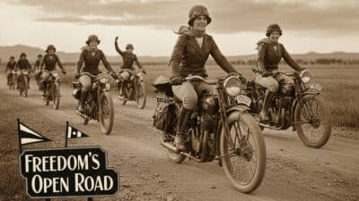 Women riding vintage motorcycles on an open road, embracing freedom and adventure. Vintage sepia-tone photograph.