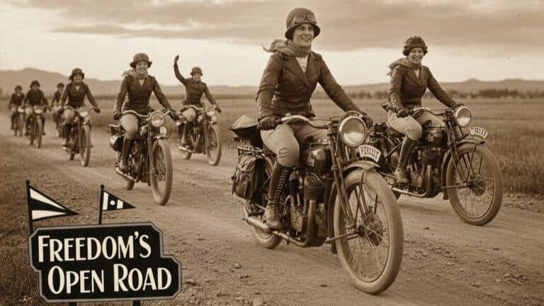 Women riding vintage motorcycles on an open road, embracing freedom and adventure. Vintage sepia-tone photograph.