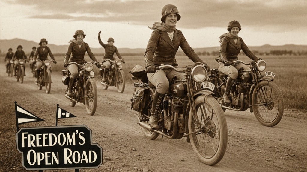 Women riding vintage motorcycles on an open road, embracing freedom and adventure. Vintage sepia-tone photograph.
