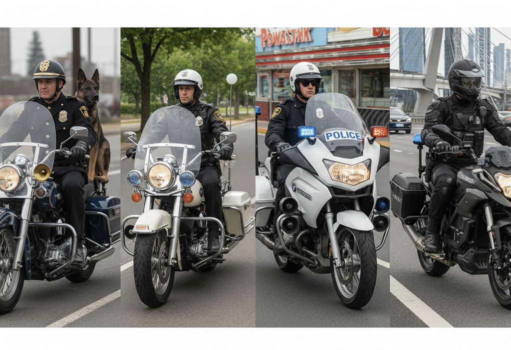 Police officers on motorcycles patrolling city streets, with one riding alongside a police dog in a sidecar for added safety.