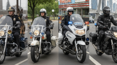 Police officers on motorcycles patrolling city streets, with one riding alongside a police dog in a sidecar for added safety.