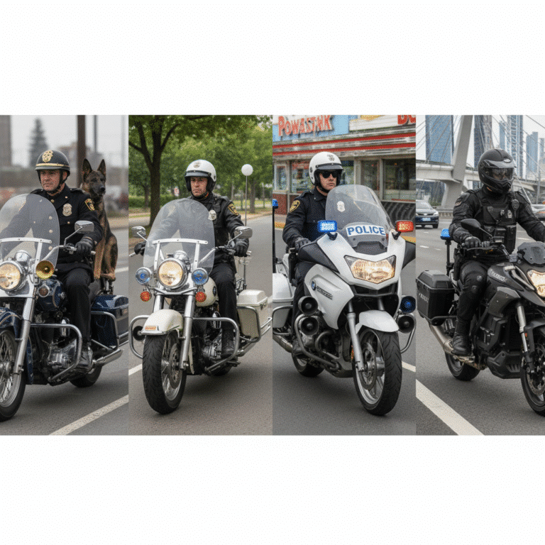 Police officers on motorcycles patrolling city streets, with one riding alongside a police dog in a sidecar for added safety.
