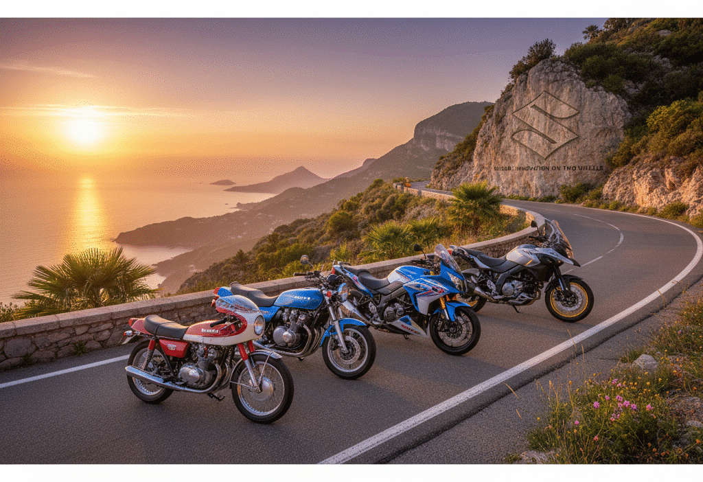 Four vintage and modern motorcycles parked on a scenic cliffside road at sunset with an ocean view.