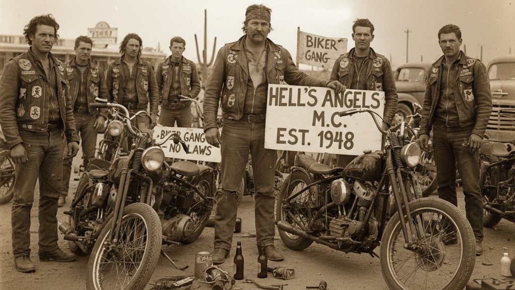 Biker group with motorcycles and signs displaying Hell's Angels M.C. Est. 1948 and Biker Gang No Laws, vintage setting.