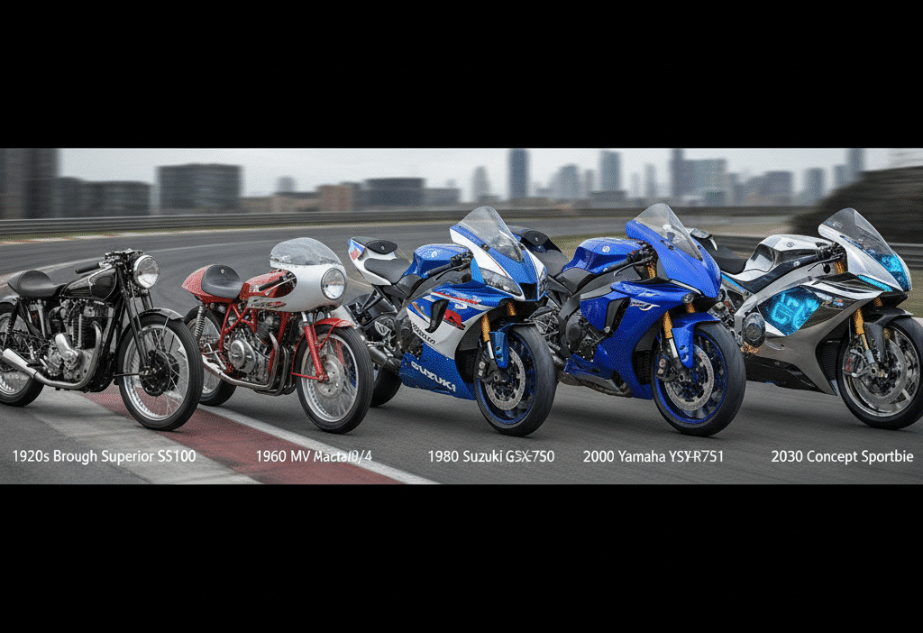 Five motorcycles from different eras: 1920s to 2030 concept, showcasing evolution in design and technology on a city track.