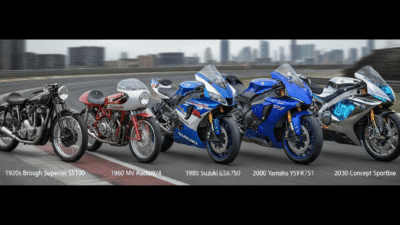 Five motorcycles from different eras: 1920s to 2030 concept, showcasing evolution in design and technology on a city track.