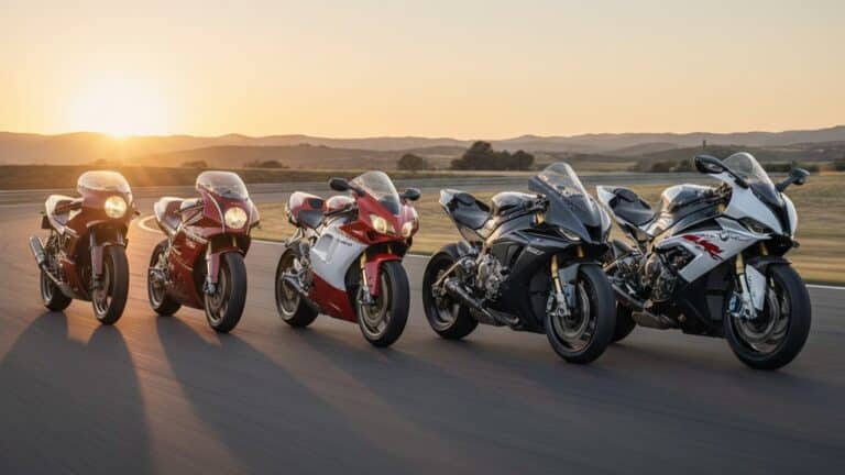 Five sport motorcycles lined up on a track at sunset, showcasing speed and design elegance.
