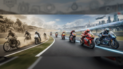Vintage to modern motorcycle race evolution, showcasing riders in action on a dynamic race track, bridging past and future.