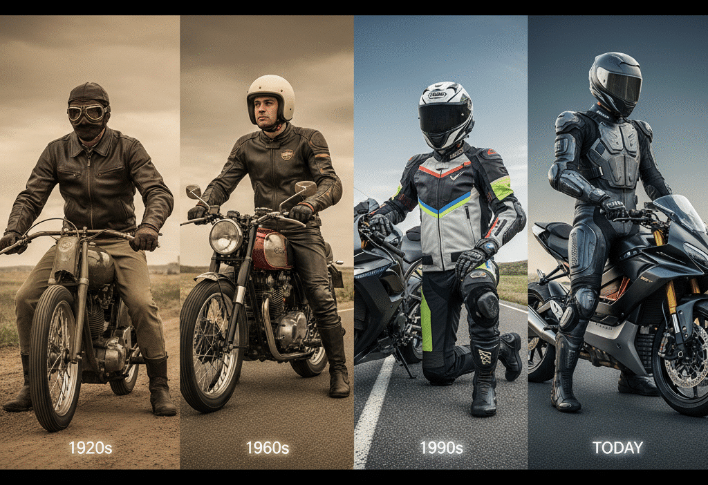 Evolution of motorcycle gear from 1920s to today: showcasing attire and bikes from each era, highlighting changes over time.