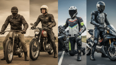 Evolution of motorcycle gear from 1920s to today: showcasing attire and bikes from each era, highlighting changes over time.