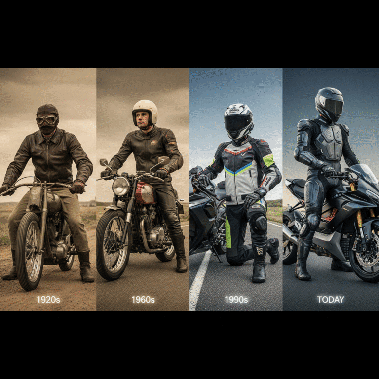 Evolution of motorcycle gear from 1920s to today: showcasing attire and bikes from each era, highlighting changes over time.