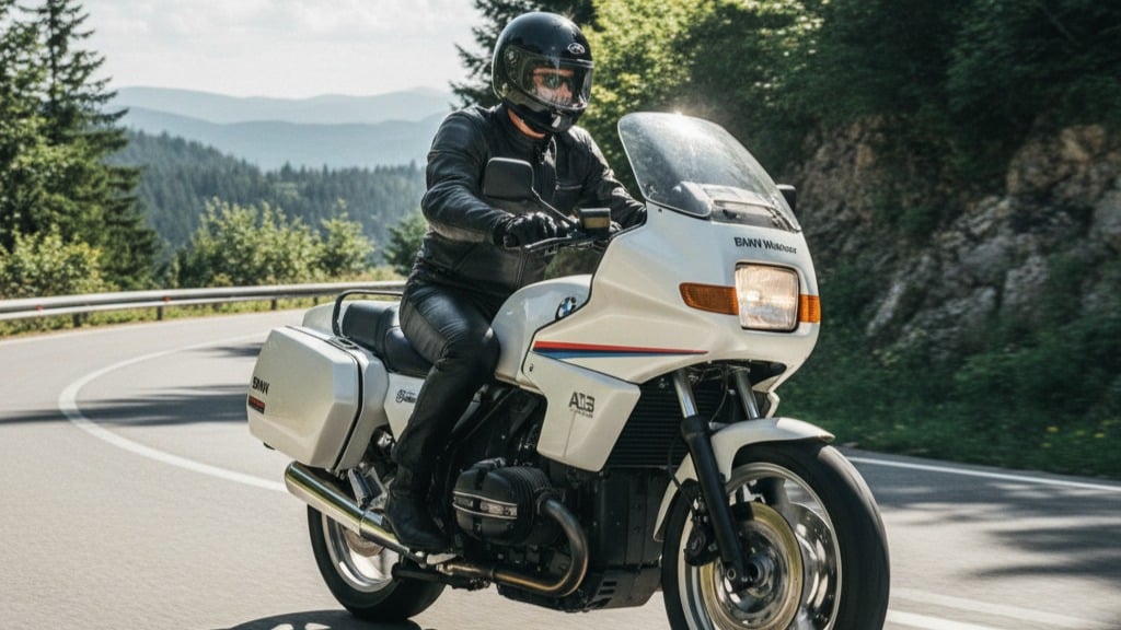 Motorcyclist on BMW bike rides through scenic mountain road, wearing full gear for safety and adventure.