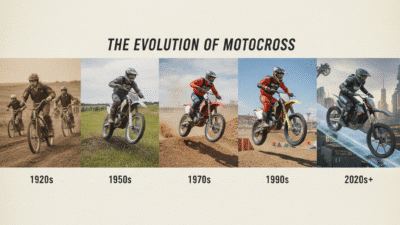 Evolution of motocross from the 1920s to the 2020s, showcasing bikes and riders through different eras.