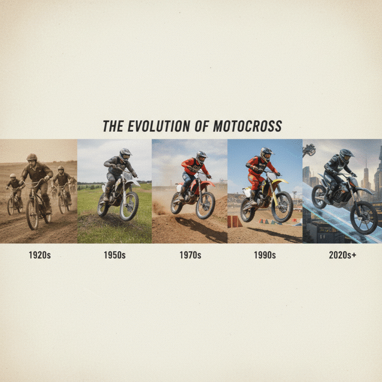 Evolution of motocross from the 1920s to the 2020s, showcasing bikes and riders through different eras.