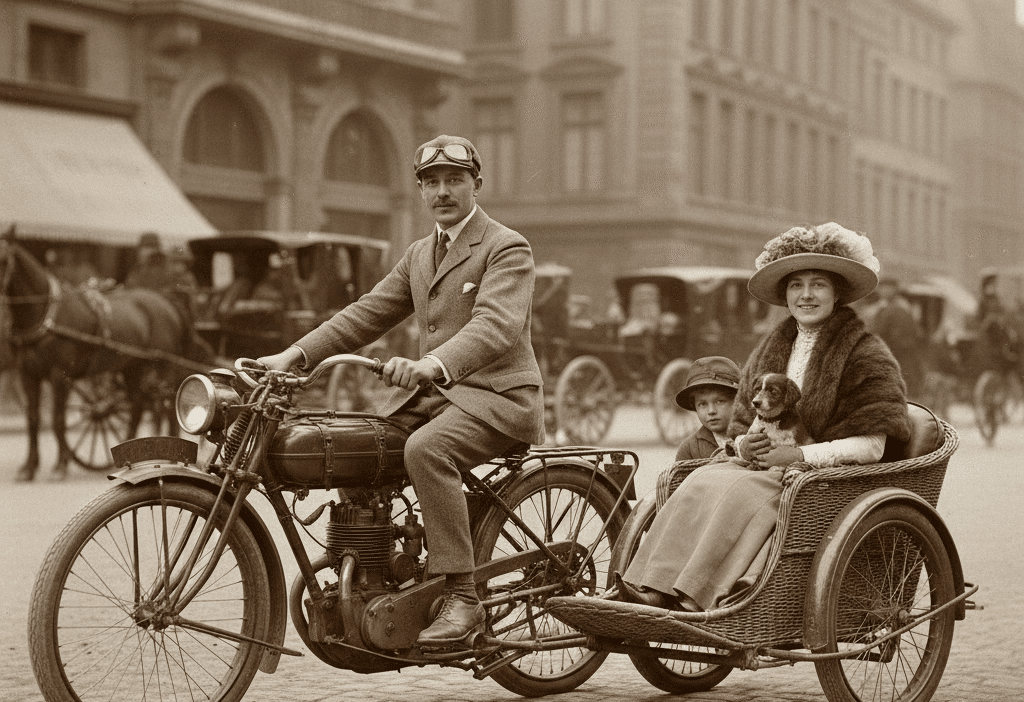 Vintage motorcycle with sidecar carrying a woman, child, and dog, parked on a cobblestone street, early 20th-century city scene.