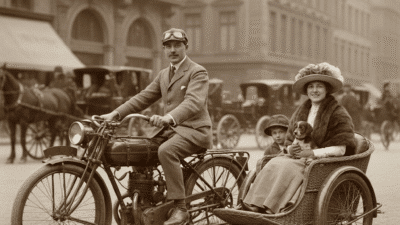 Vintage motorcycle with sidecar carrying a woman, child, and dog, parked on a cobblestone street, early 20th-century city scene.