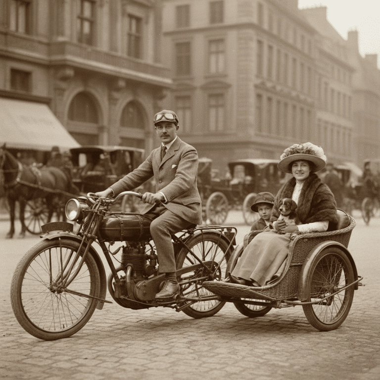 Vintage motorcycle with sidecar carrying a woman, child, and dog, parked on a cobblestone street, early 20th-century city scene.