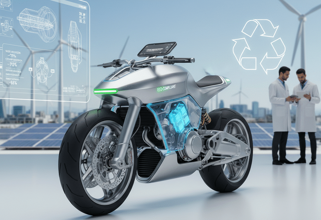 Futuristic eco-friendly motorcycle with digital interface, wind turbines, and scientists in background, emphasizing sustainable tech innovations.