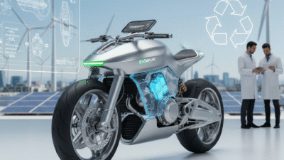 Futuristic eco-friendly motorcycle with digital interface, wind turbines, and scientists in background, emphasizing sustainable tech innovations.