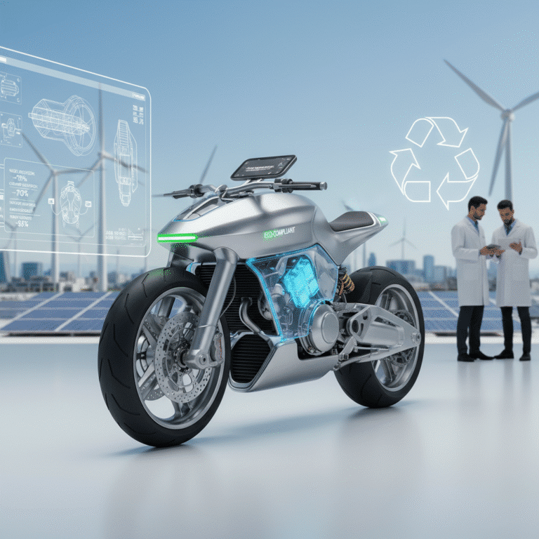 Futuristic eco-friendly motorcycle with digital interface, wind turbines, and scientists in background, emphasizing sustainable tech innovations.