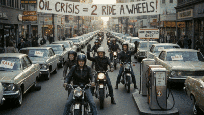 Motorcyclists protest in a city street during an oil crisis, urging two-wheel transport as cars display sale signs.