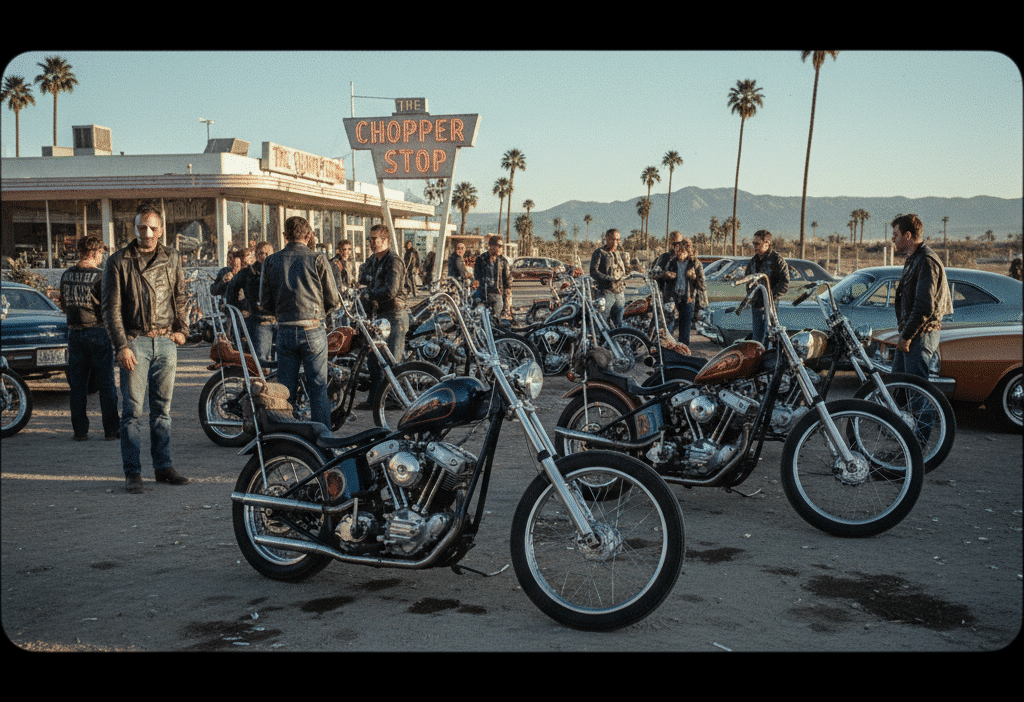 Motorcycle enthusiasts gather at The Chopper Stop with custom bikes, set against palm trees and distant mountains.