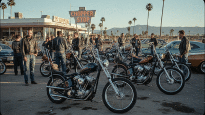 Motorcycle enthusiasts gather at The Chopper Stop with custom bikes, set against palm trees and distant mountains.