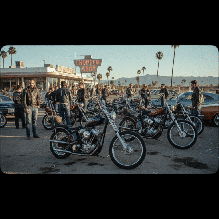 Motorcycle enthusiasts gather at The Chopper Stop with custom bikes, set against palm trees and distant mountains.