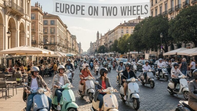 Scooter riders fill a bustling European street under a banner saying Europe on Two Wheels, capturing lively city vibes.