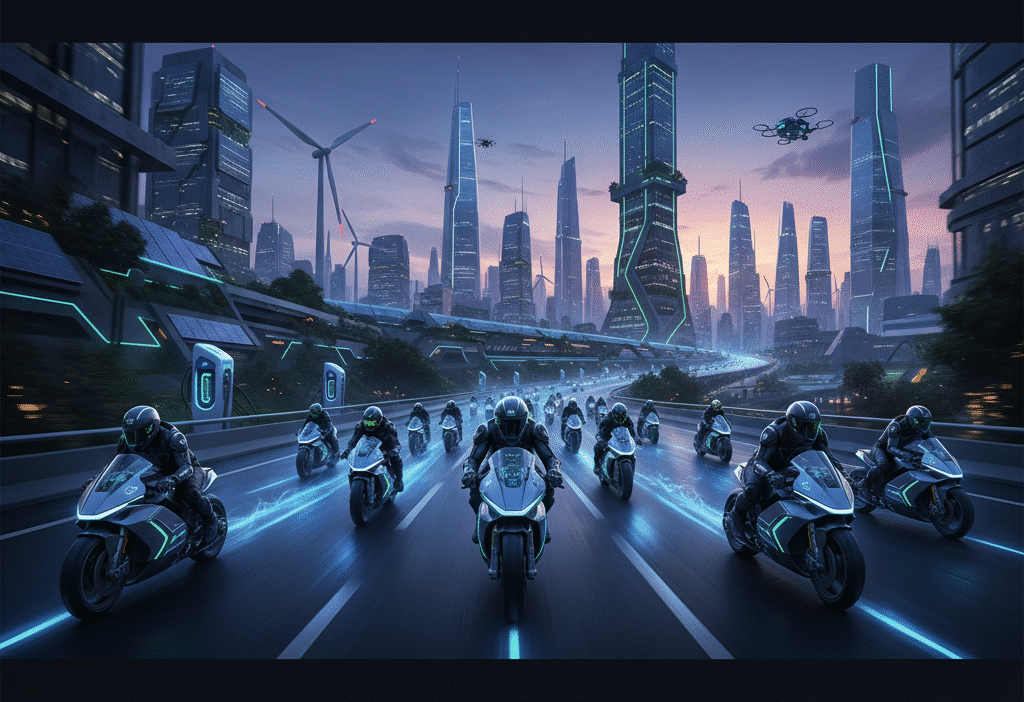 Futuristic cityscape with high-speed motorbikes and neon trails in a modern, tech-driven environment.