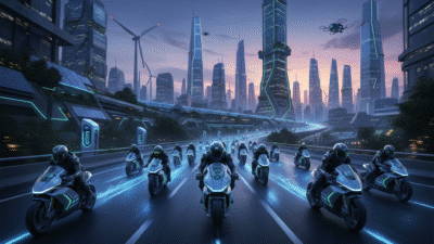 Futuristic cityscape with high-speed motorbikes and neon trails in a modern, tech-driven environment.