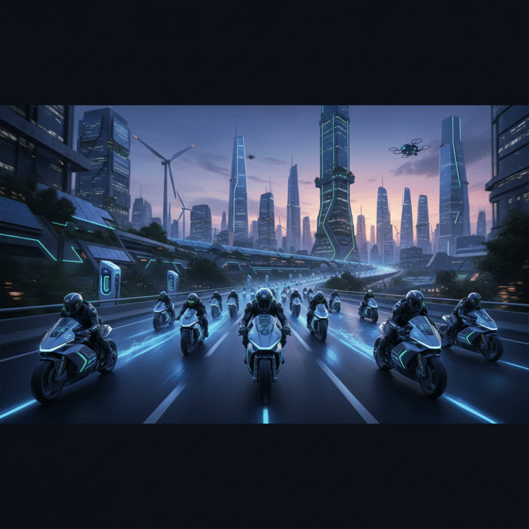 Futuristic cityscape with high-speed motorbikes and neon trails in a modern, tech-driven environment.