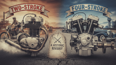 Vintage two-stroke vs four-stroke engines illustration with motorbikes, cars, and A Historic Rivariry stone in the center.