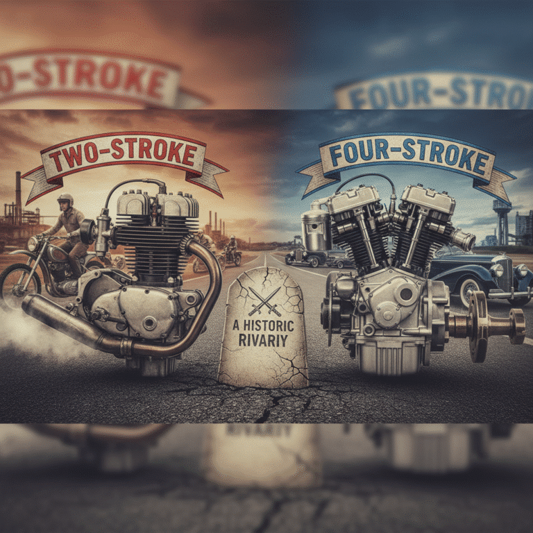 Vintage two-stroke vs four-stroke engines illustration with motorbikes, cars, and A Historic Rivariry stone in the center.