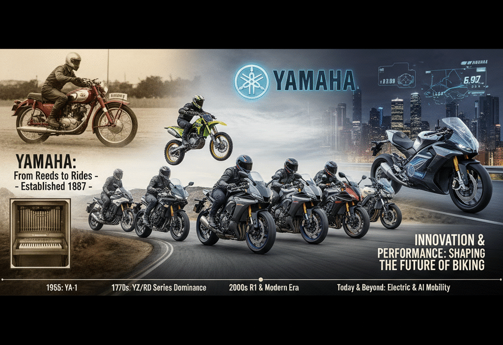 Yamaha evolution from classic to modern motorcycles, showcasing innovation in biking. Established 1887, future of electric mobility.