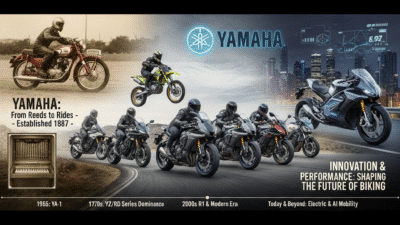 Yamaha evolution from classic to modern motorcycles, showcasing innovation in biking. Established 1887, future of electric mobility.