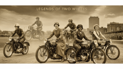 Vintage motorcycle riders showcase skills in a historic city setting. Captivating image titled Legends of Two Wheels.