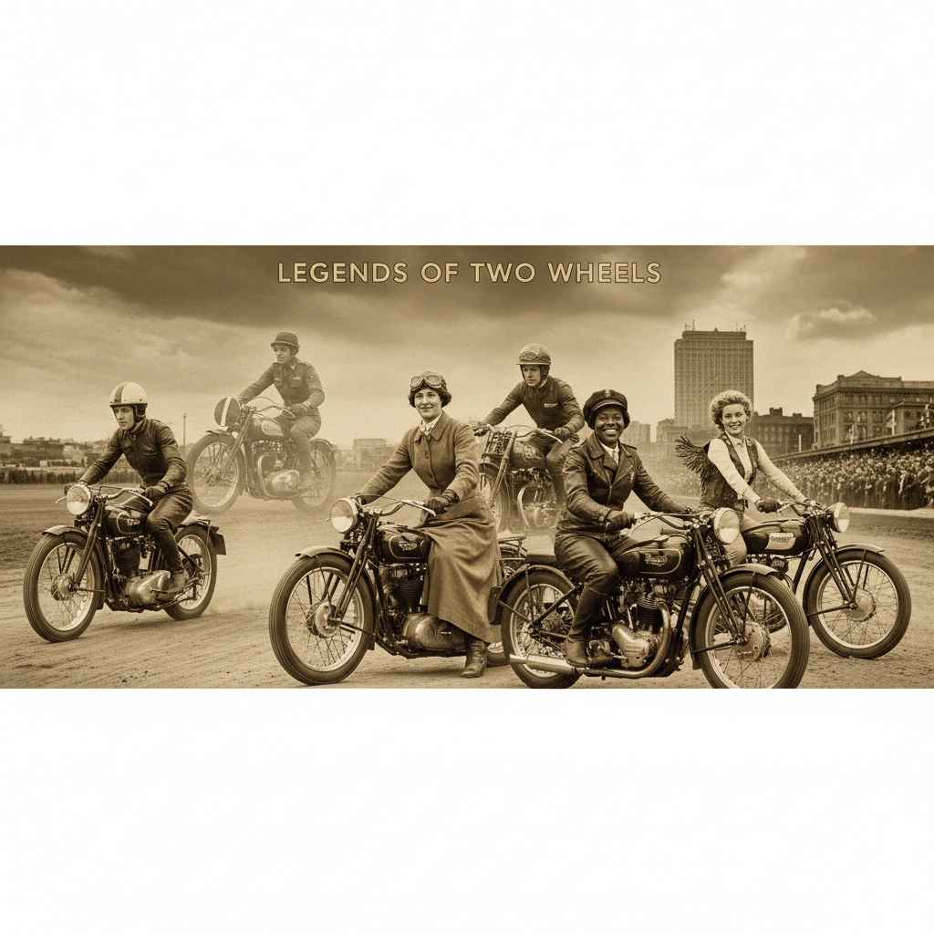 Vintage motorcycle riders showcase skills in a historic city setting. Captivating image titled Legends of Two Wheels.