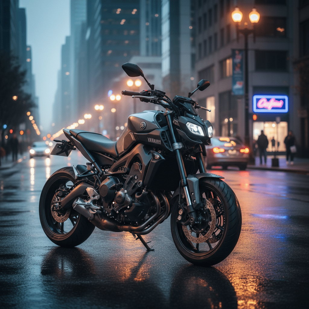 Sleek motorcycle on a wet city street at dusk, surrounded by glowing lights and tall buildings. Perfect for urban riding enthusiasts.