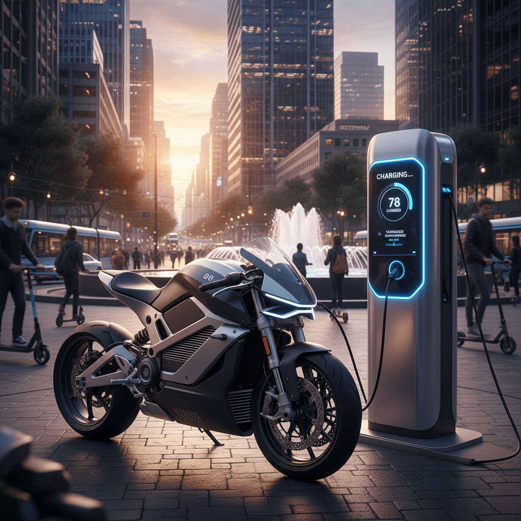 Electric motorcycle charging at a station on a busy city street with skyscrapers at sunset.