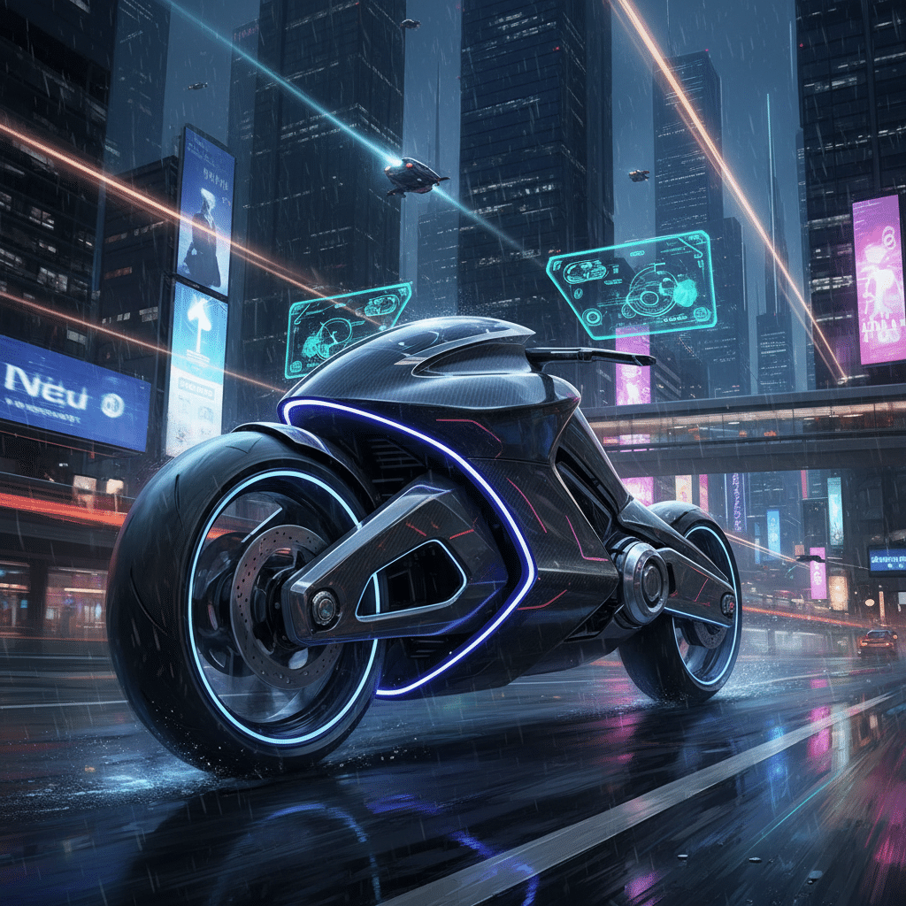 Futuristic motorcycle with glowing neon lights on a rainy street in a high-tech cityscape at night.