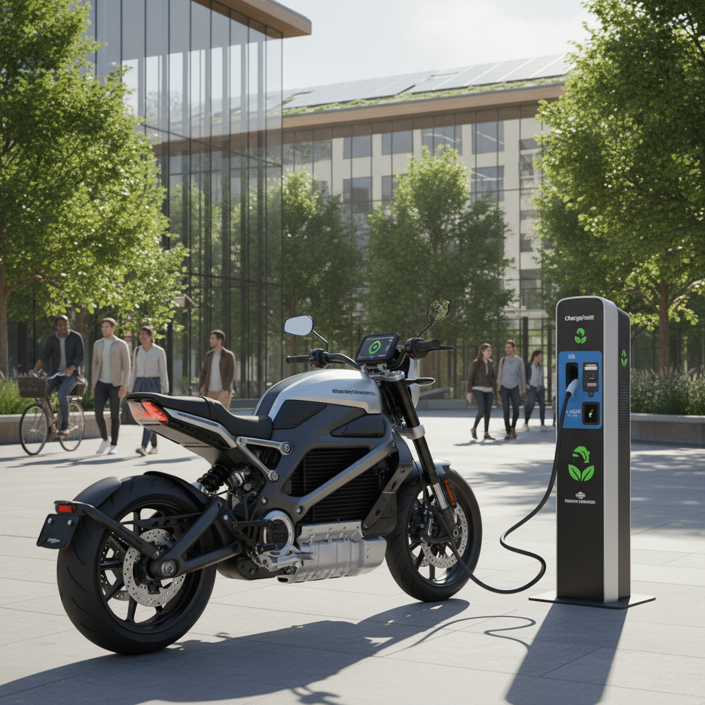 Electric motorcycle charging at a station in front of a modern building with glass facade and solar panels. Eco-friendly transport.