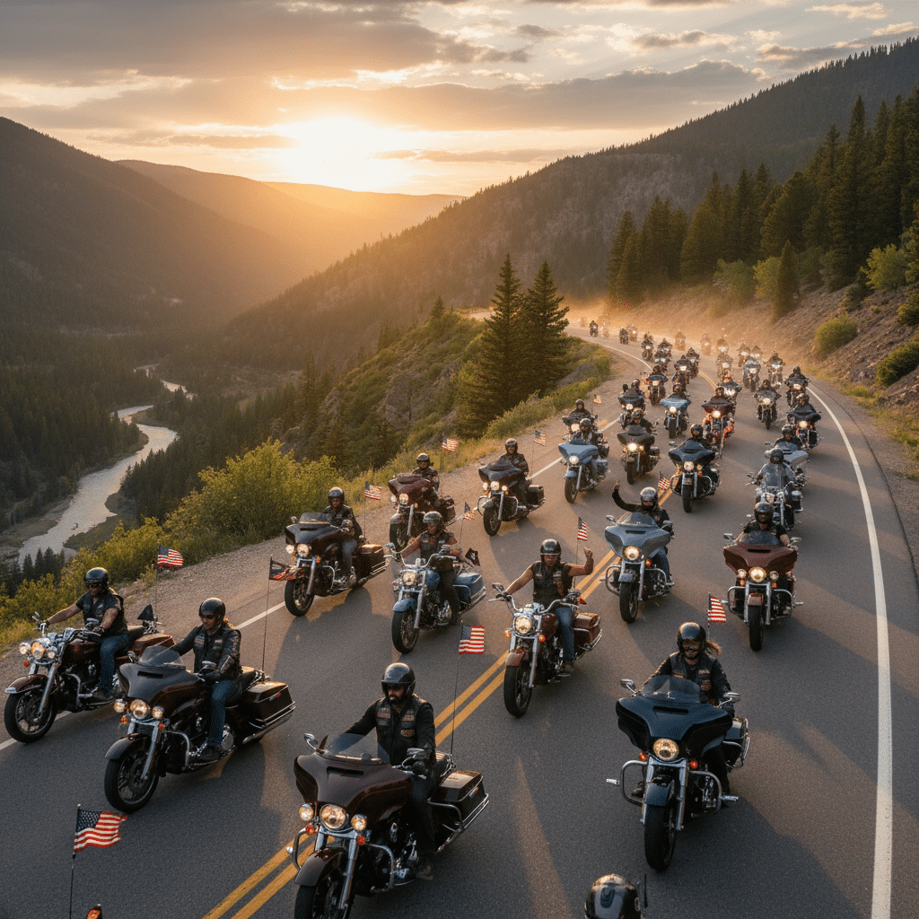 Motorcycle rally on a scenic mountain road at sunset, riders displaying American flags, capturing freedom and adventure.