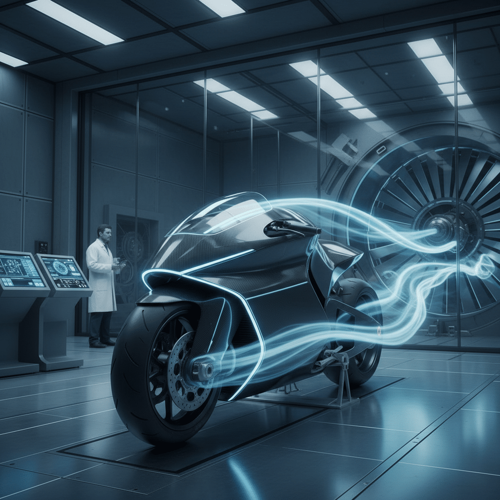 Futuristic motorcycle with neon blue lights undergoing aerodynamic testing in a high-tech laboratory with a scientist observing.