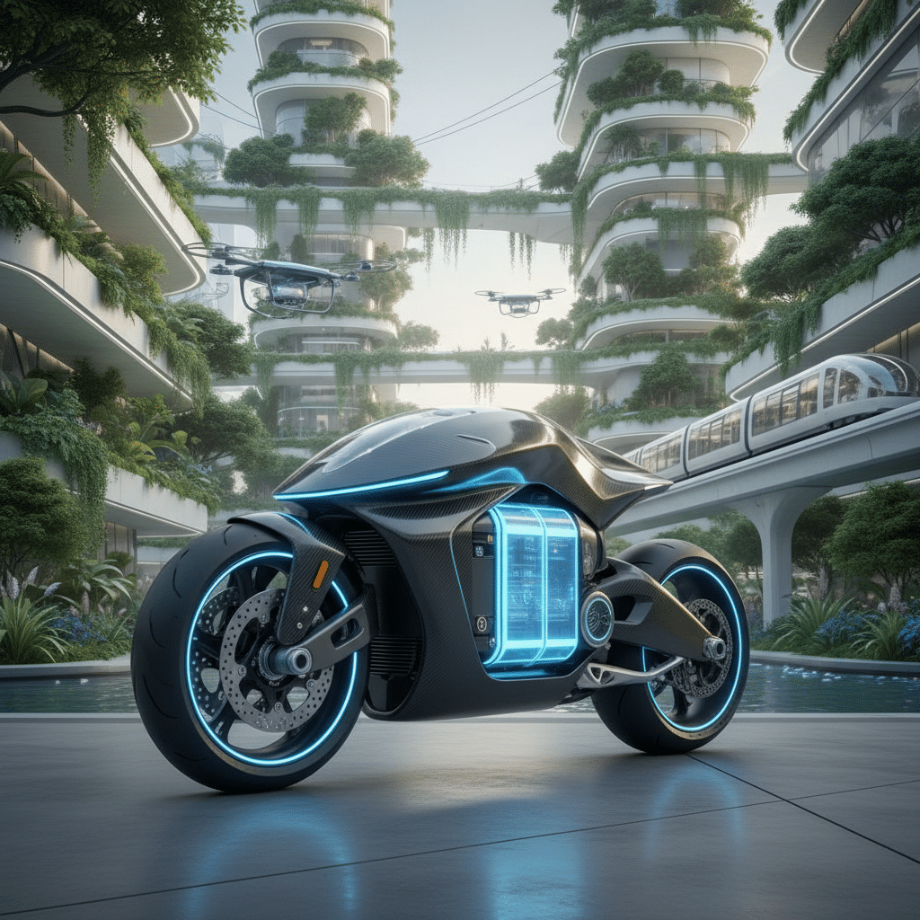 Futuristic electric motorcycle in a sci-fi cityscape with greenery, drones, and elevated transport. Sustainable urban technology.